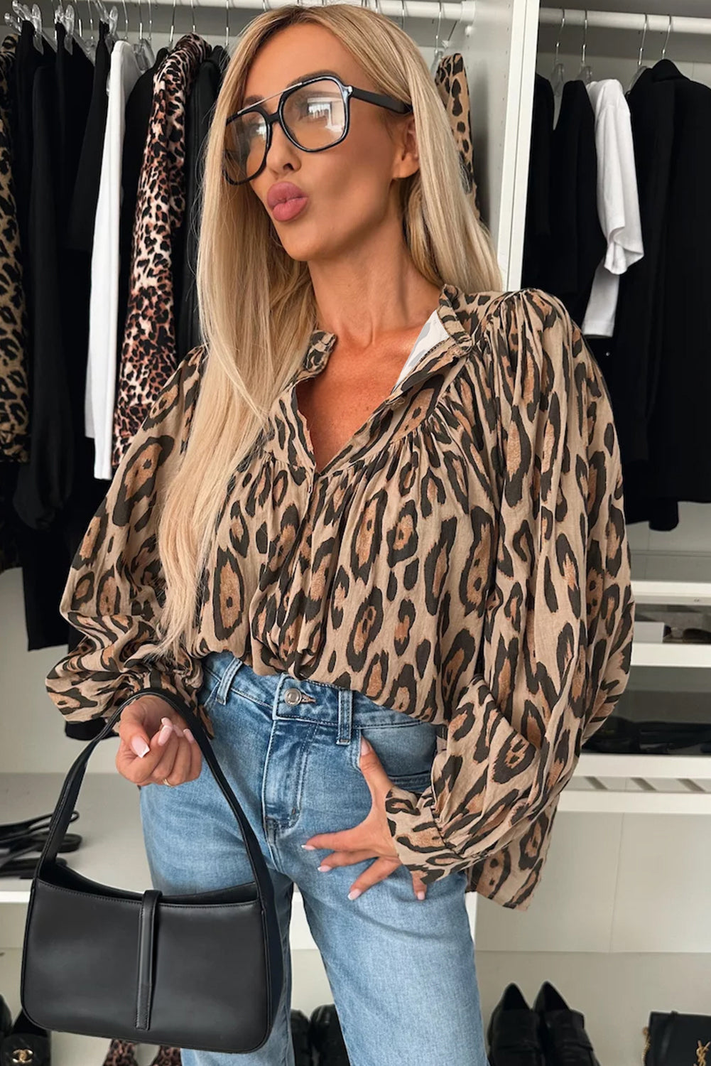 Light French Beige Oversized Leopard Print Balloon Sleeve Casual Shirt