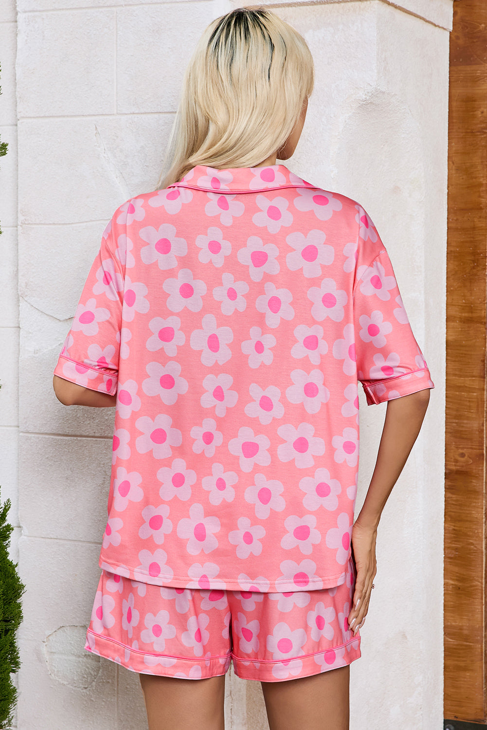 Pink Flower Print Short Sleeve Shirt Pajamas Set