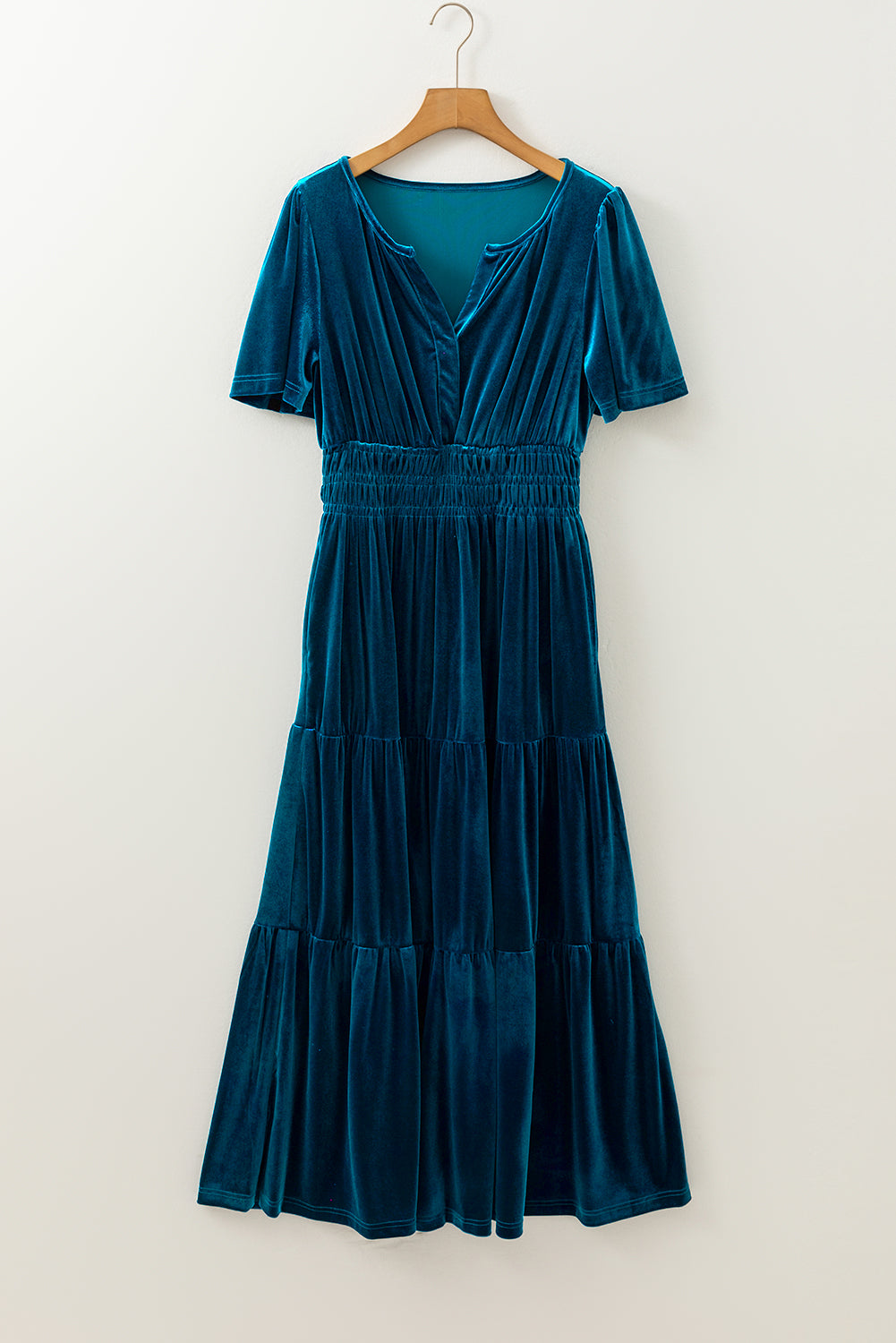 Prussian Blue Velvet Short Sleeve Shirred Waist Tiered Maxi Dress