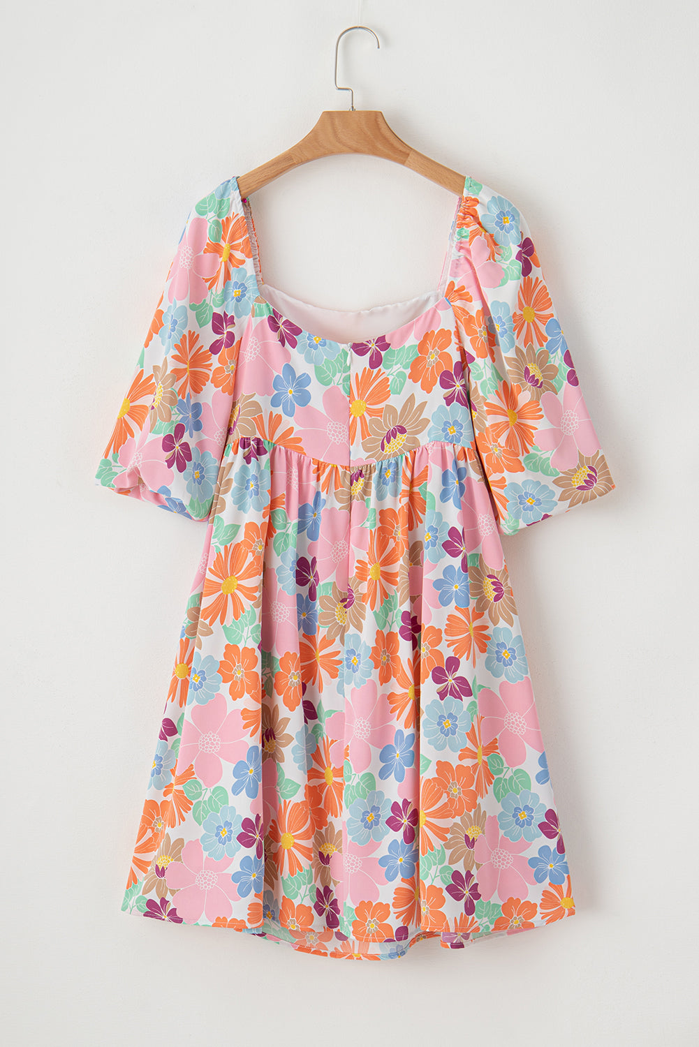 Pink Summer Floral Square Neck Puff Sleeve Babydoll Dress