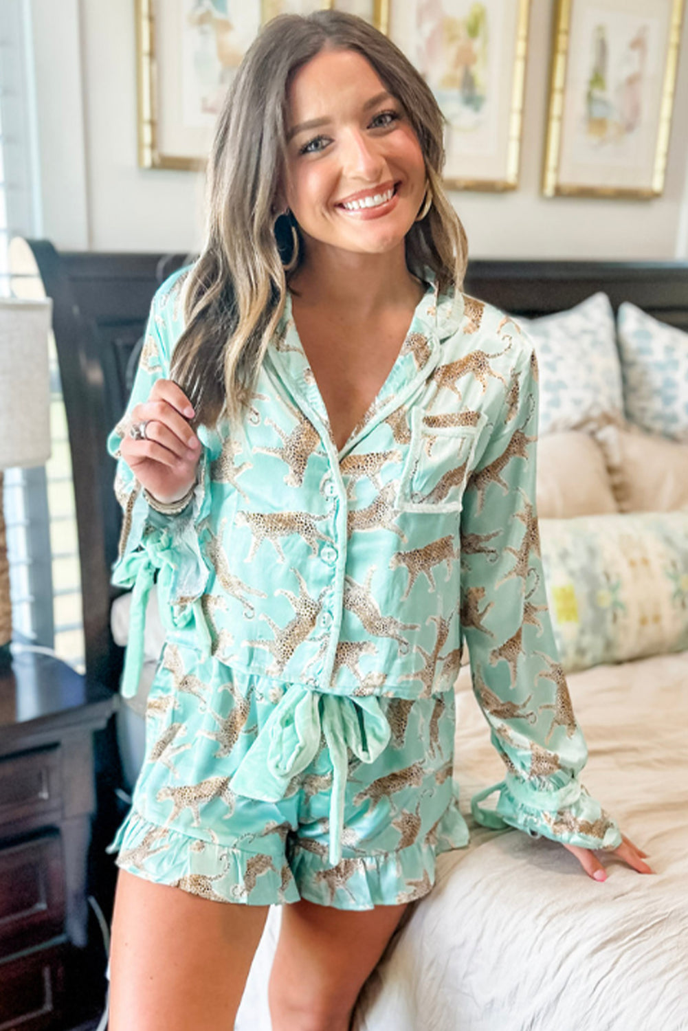 Green Leopard Satin Ruffle Pajama Short Set